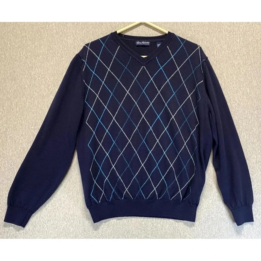 John Ashford Extra Fine Sweater Mens XL Blue Argyle Print Merino Wool V Neck